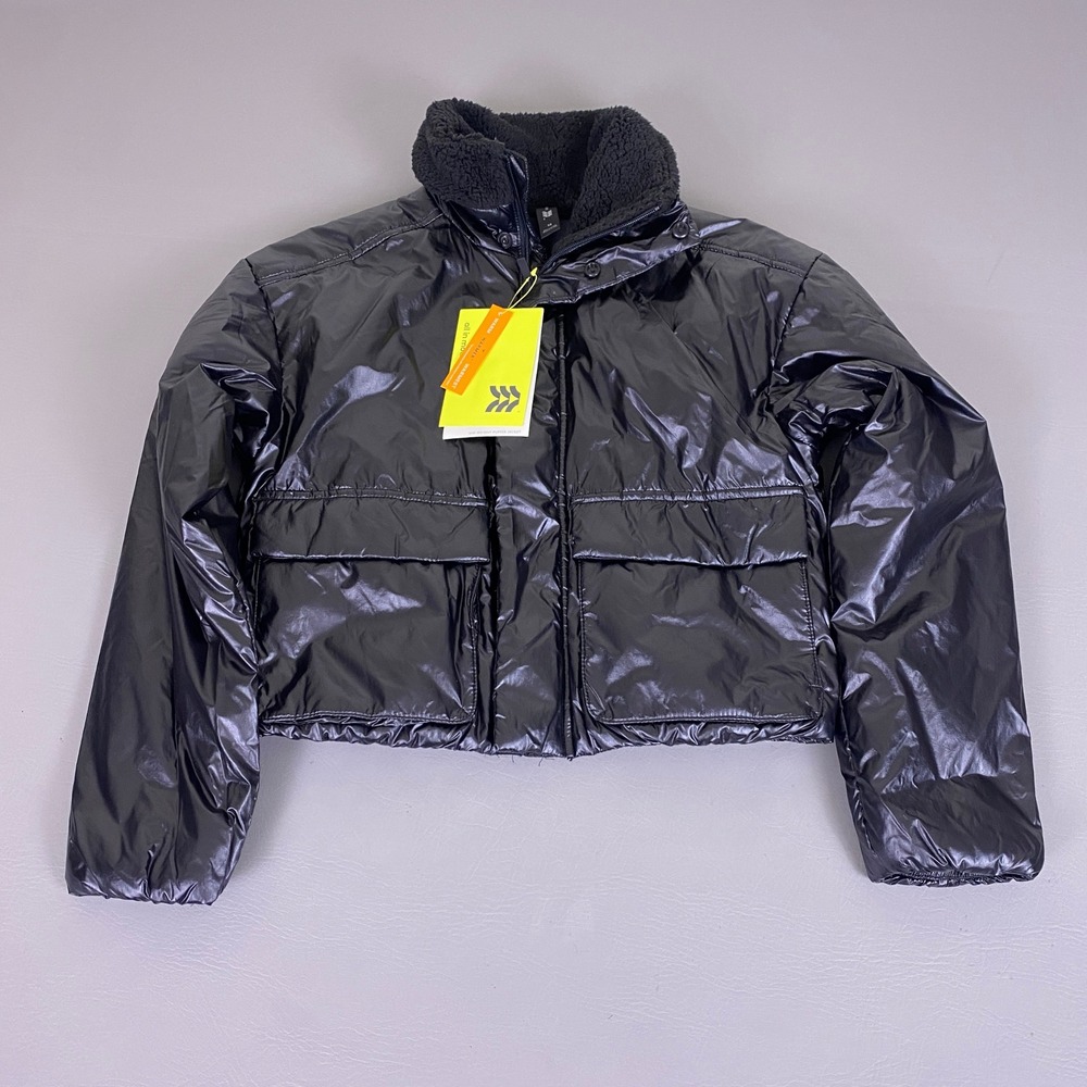 All in Motion Puffer Jacket Womens XS Black Shiny Crop Mid-Weight Sherpa New NWT